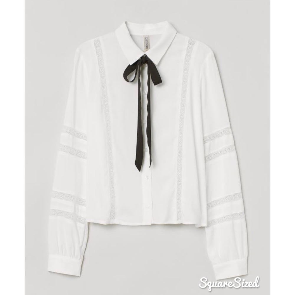 NWT ⭐️Black Ribbon White Lace Interlay Slinky Button Up Long Sleeve Shirt Top XS